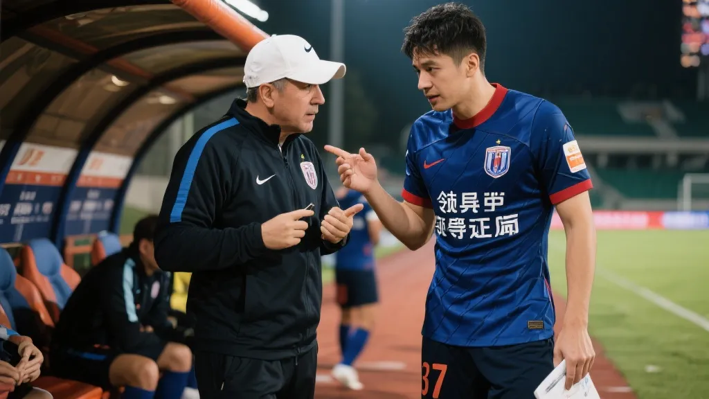 教练与队长在赛场边讨论，策略与领导力表现