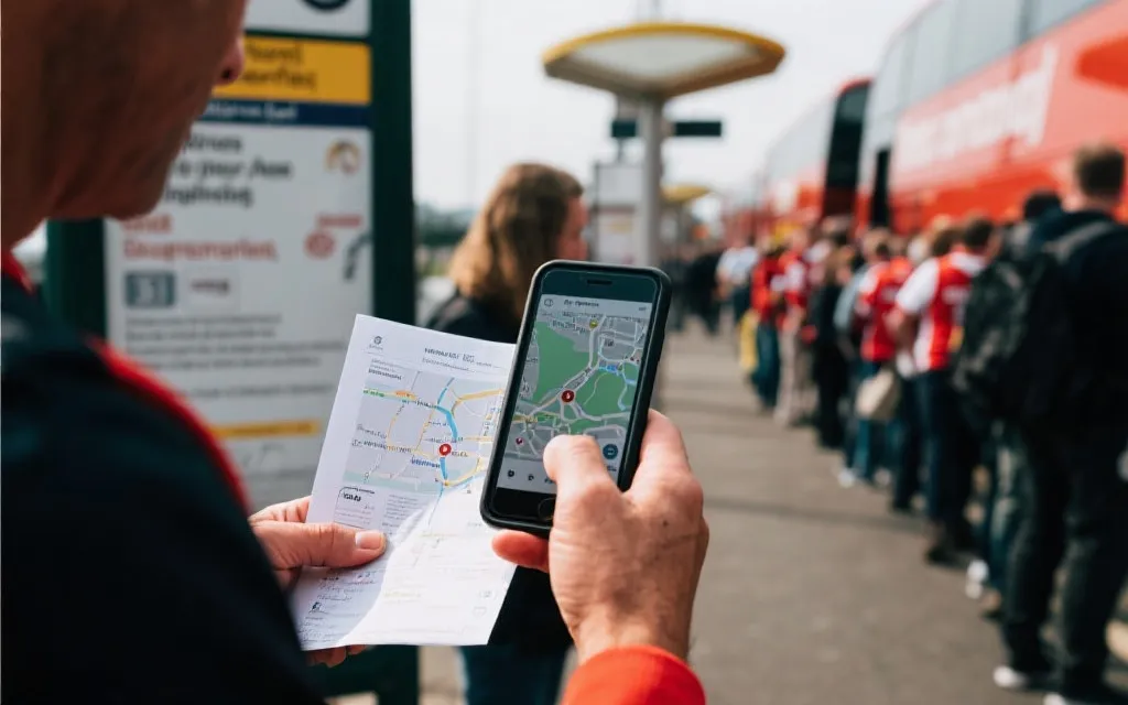 球迷手持手机地图与纸质备份，在比赛日排队乘坐球场接驳巴士